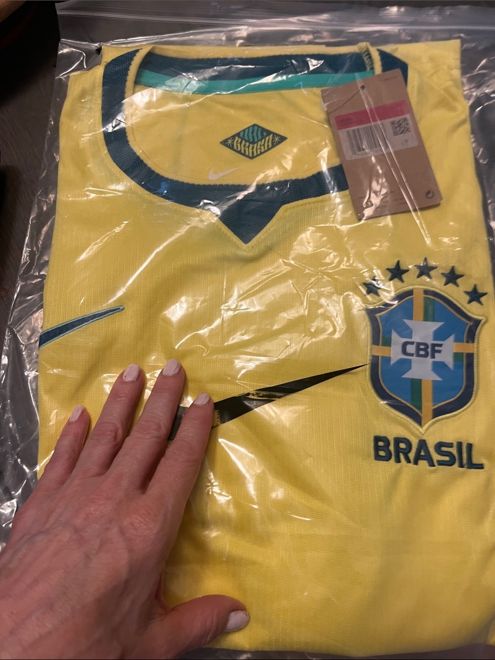 Nike Yellow Brazil CBF Soccer Jersey with Blue & Green Accents